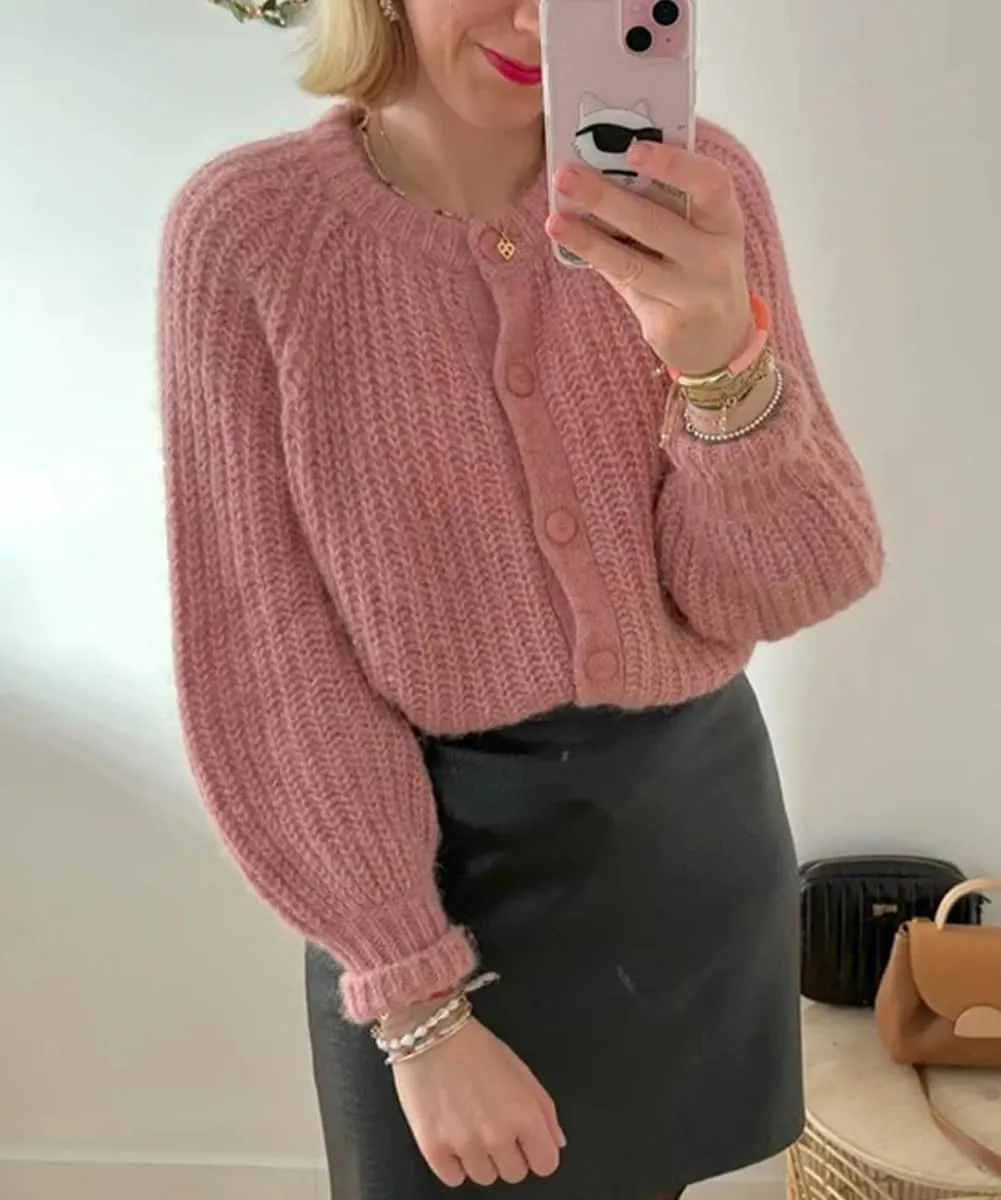 Women's Casual Puff Long Sleeve Crew Neck Cardigan Button Down Open Front Knit Loose Sweater Outwear