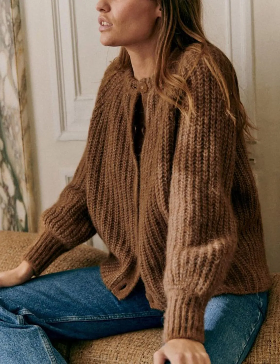 Women's Casual Puff Long Sleeve Crew Neck Cardigan Button Down Open Front Knit Loose Sweater Outwear