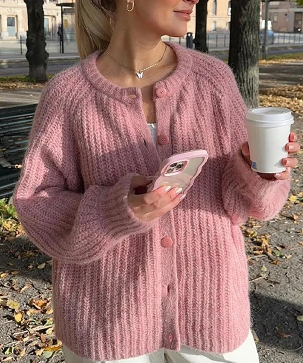 Women's Casual Puff Long Sleeve Crew Neck Cardigan Button Down Open Front Knit Loose Sweater Outwear