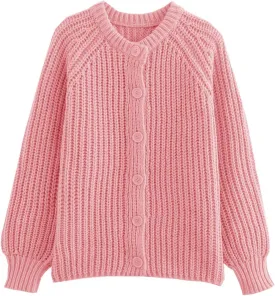 Women's Casual Puff Long Sleeve Crew Neck Cardigan Button Down Open Front Knit Loose Sweater Outwear