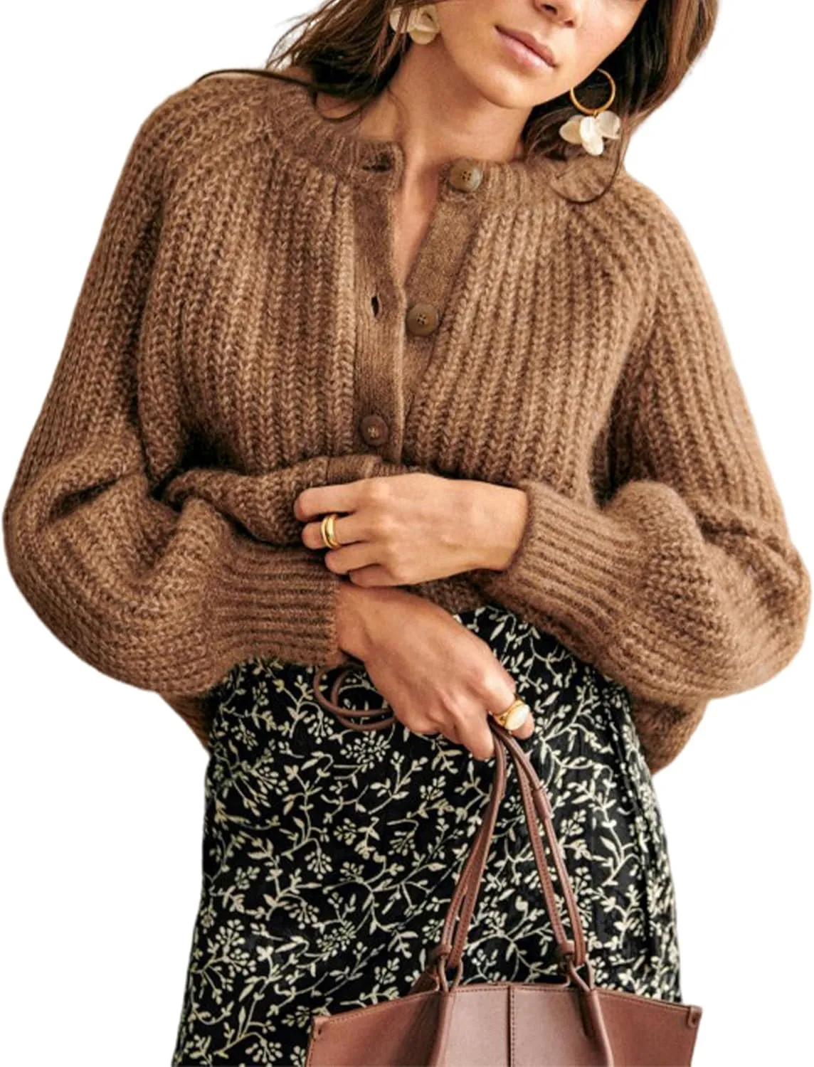Women's Casual Puff Long Sleeve Crew Neck Cardigan Button Down Open Front Knit Loose Sweater Outwear