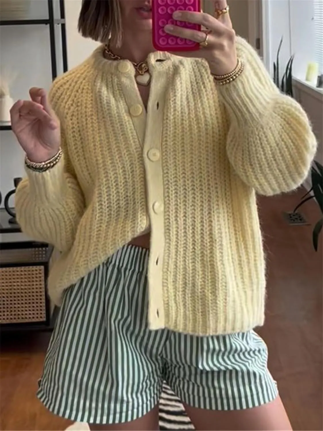 Women's Casual Puff Long Sleeve Crew Neck Cardigan Button Down Open Front Knit Loose Sweater Outwear