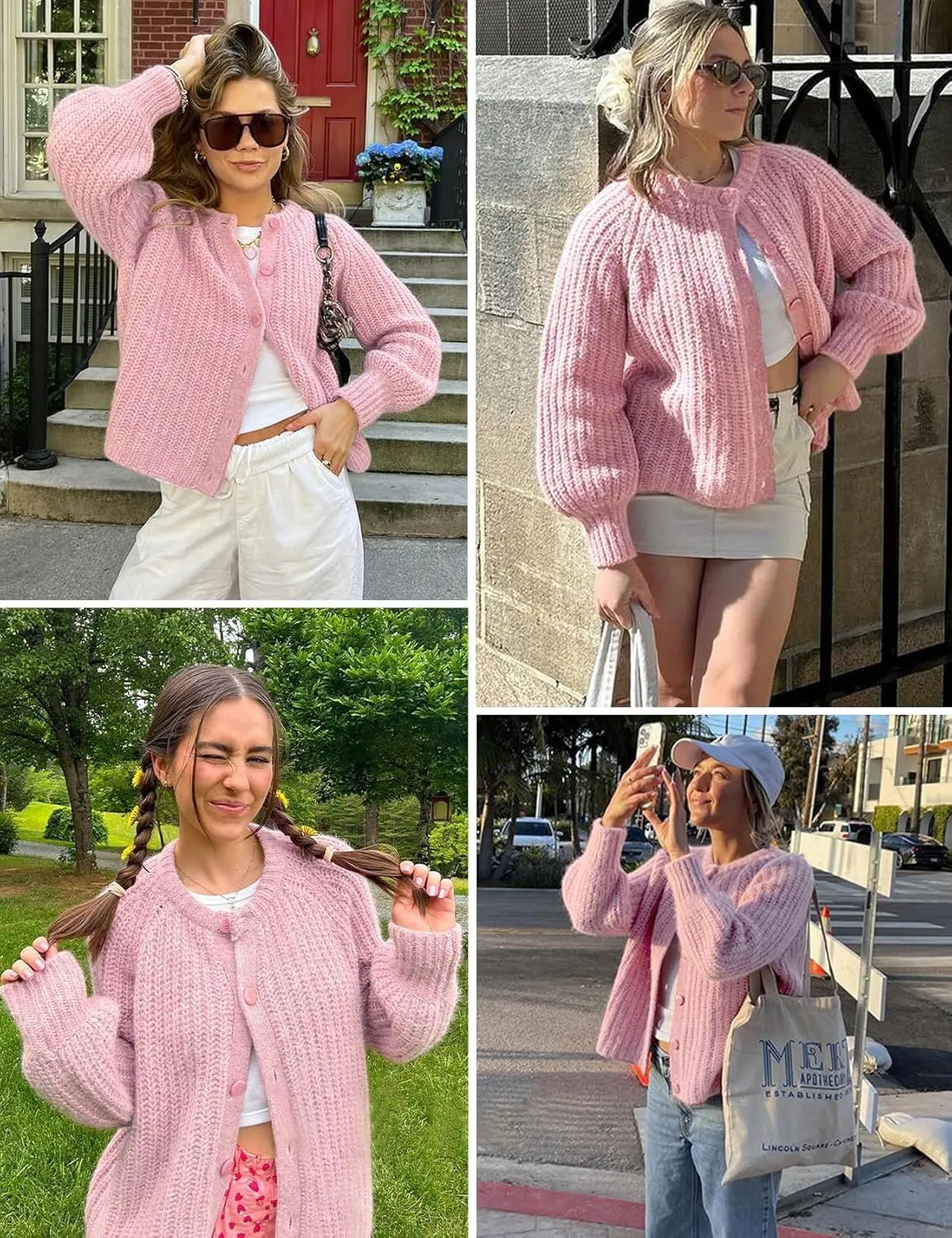 Women's Casual Puff Long Sleeve Crew Neck Cardigan Button Down Open Front Knit Loose Sweater Outwear