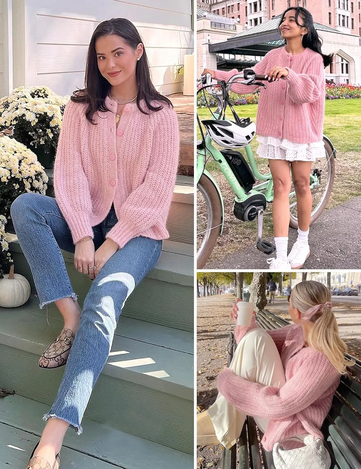 Women's Casual Puff Long Sleeve Crew Neck Cardigan Button Down Open Front Knit Loose Sweater Outwear