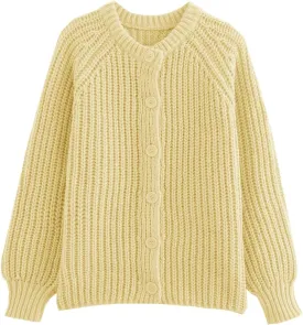 Women's Casual Puff Long Sleeve Crew Neck Cardigan Button Down Open Front Knit Loose Sweater Outwear
