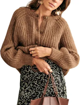 Women's Casual Puff Long Sleeve Crew Neck Cardigan Button Down Open Front Knit Loose Sweater Outwear