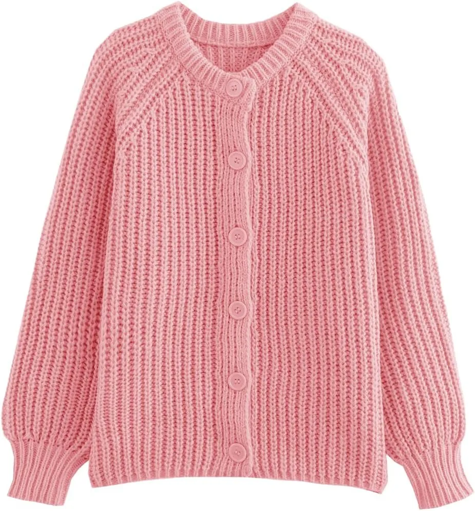 Women's Casual Puff Long Sleeve Crew Neck Cardigan Button Down Open Front Knit Loose Sweater Outwear