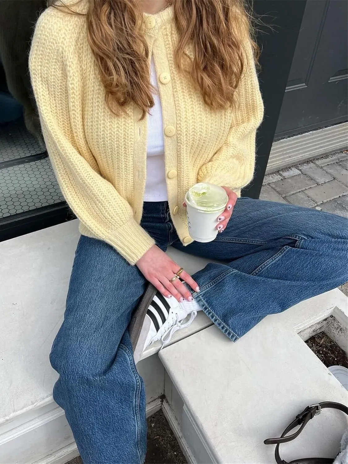 Women's Casual Puff Long Sleeve Crew Neck Cardigan Button Down Open Front Knit Loose Sweater Outwear