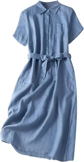 Womens Cotton Linen Button Down Shirt Dress Summer Casual Short Sleeve Lapel Belted Midi Blouse Dress with Pockets