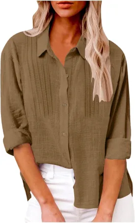 Womens Cotton Linen Button Down Shirt Long Sleeve V Neck Lapel Blouses 2025 Solid Color Elegant Pleated Tunic Tops