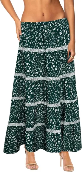 Women's Elastic High Waist Flowy Long Maxi Skirt Lace Crochet Summer Print Pleated Tiered Skirts