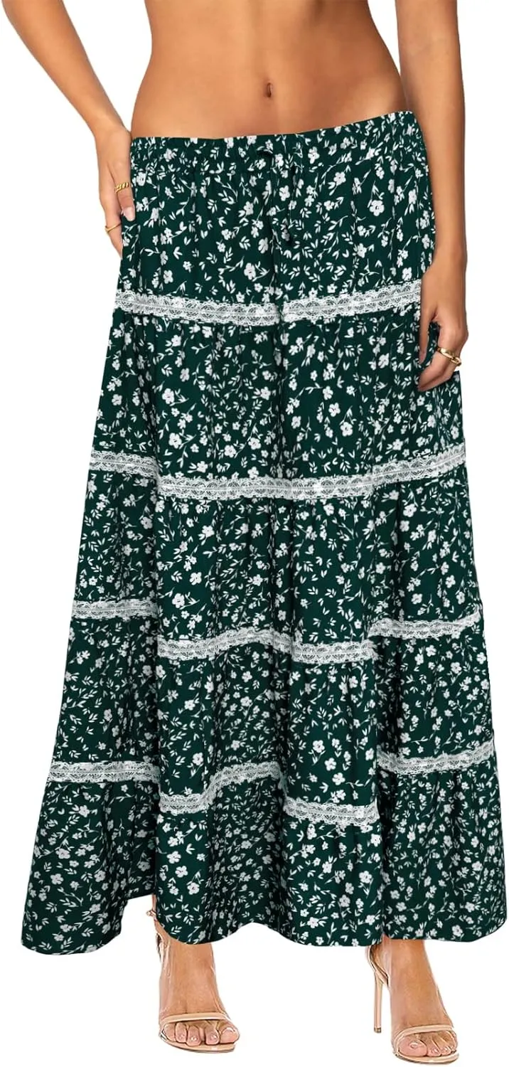 Women's Elastic High Waist Flowy Long Maxi Skirt Lace Crochet Summer Print Pleated Tiered Skirts