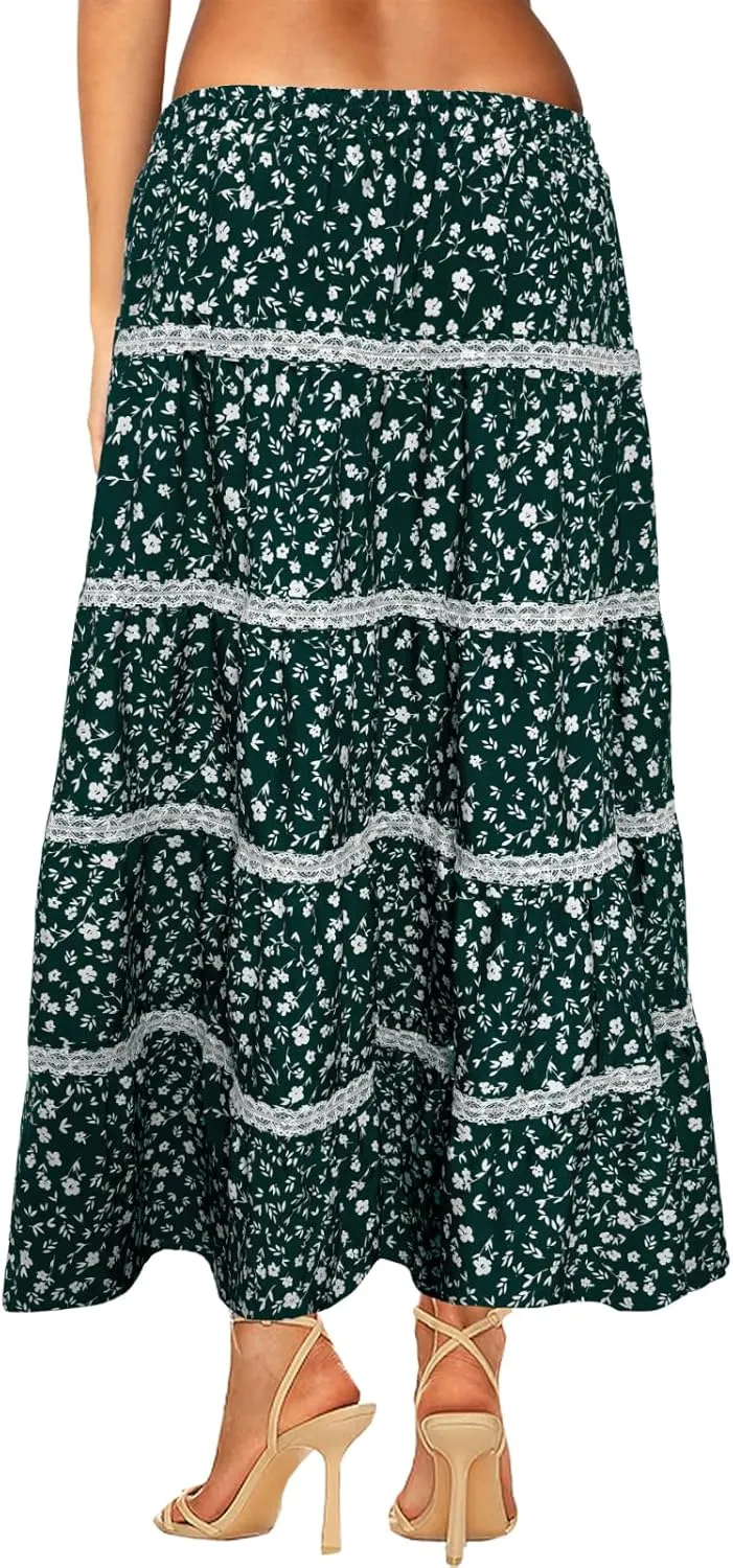 Women's Elastic High Waist Flowy Long Maxi Skirt Lace Crochet Summer Print Pleated Tiered Skirts