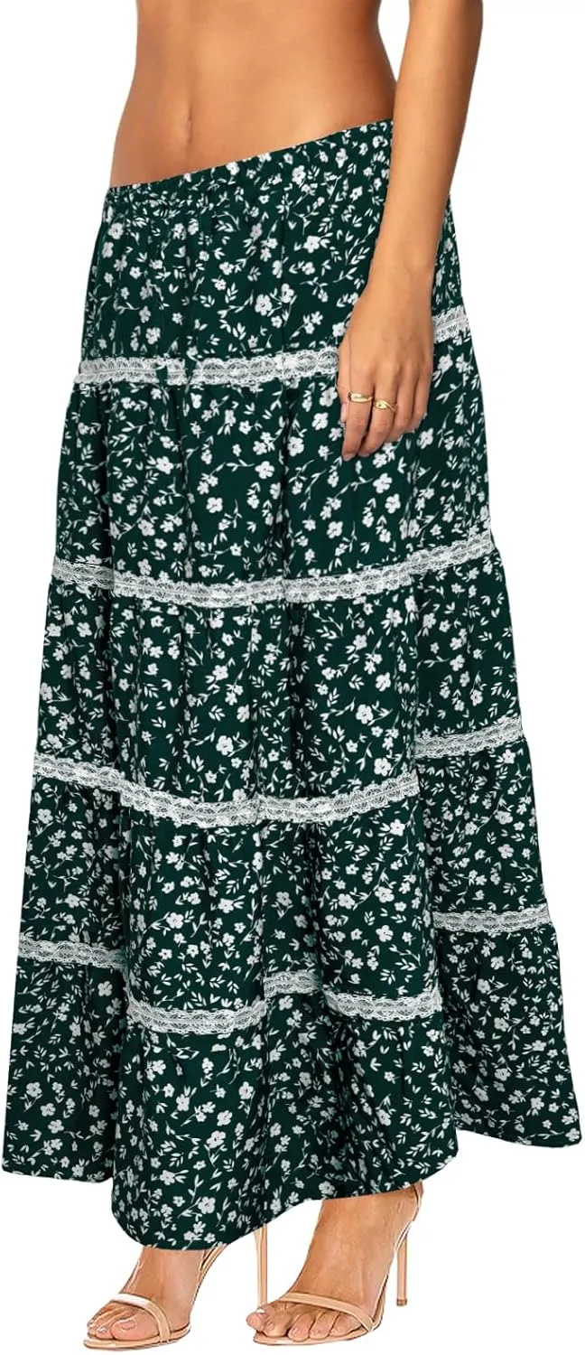 Women's Elastic High Waist Flowy Long Maxi Skirt Lace Crochet Summer Print Pleated Tiered Skirts