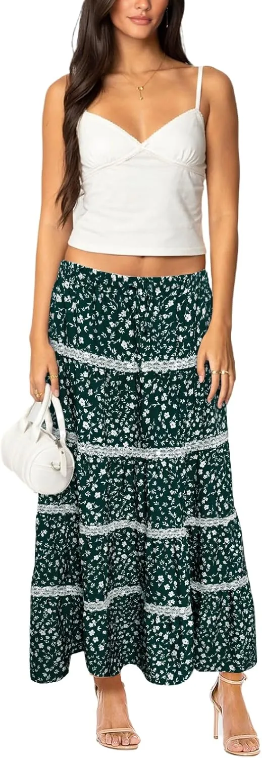 Women's Elastic High Waist Flowy Long Maxi Skirt Lace Crochet Summer Print Pleated Tiered Skirts