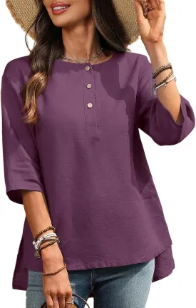Women's Linen Henley Shirts 100% Linen Elbow Sleeve Crew Neck Slit Hem Tunics Blouse Top