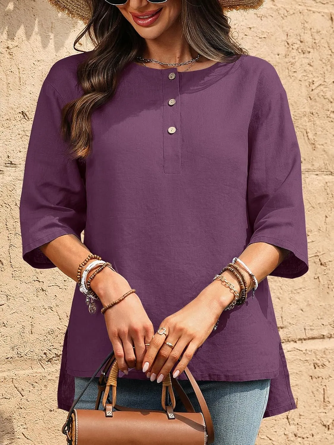 Women's Linen Henley Shirts 100% Linen Elbow Sleeve Crew Neck Slit Hem Tunics Blouse Top