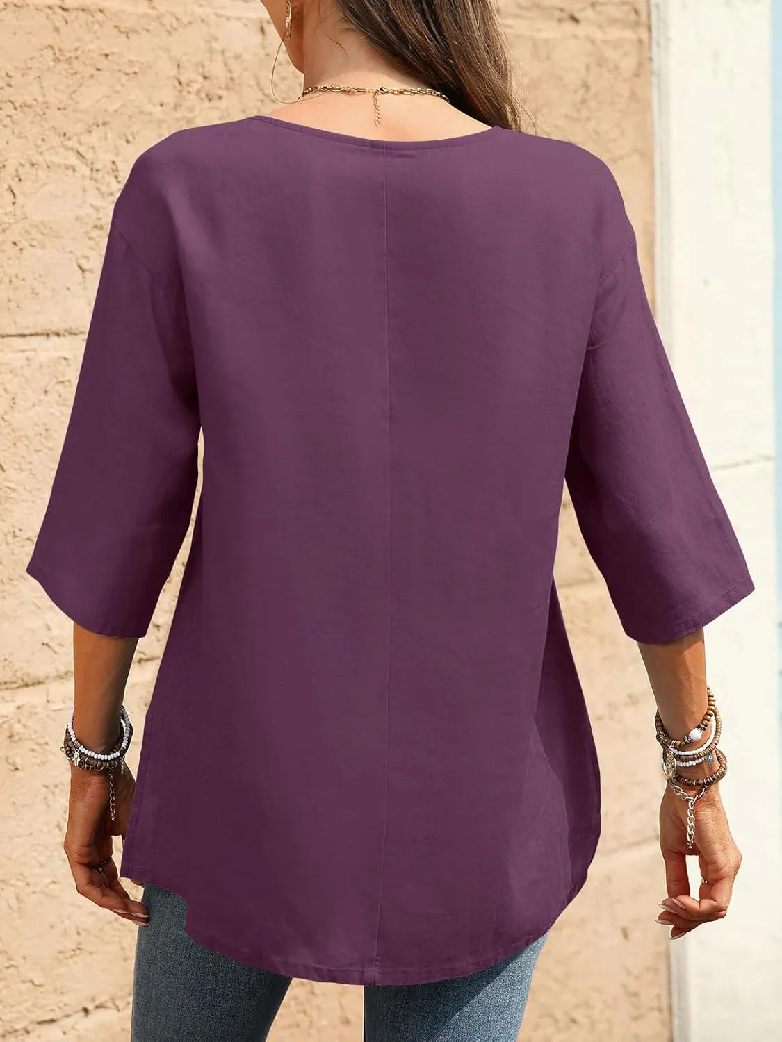 Women's Linen Henley Shirts 100% Linen Elbow Sleeve Crew Neck Slit Hem Tunics Blouse Top