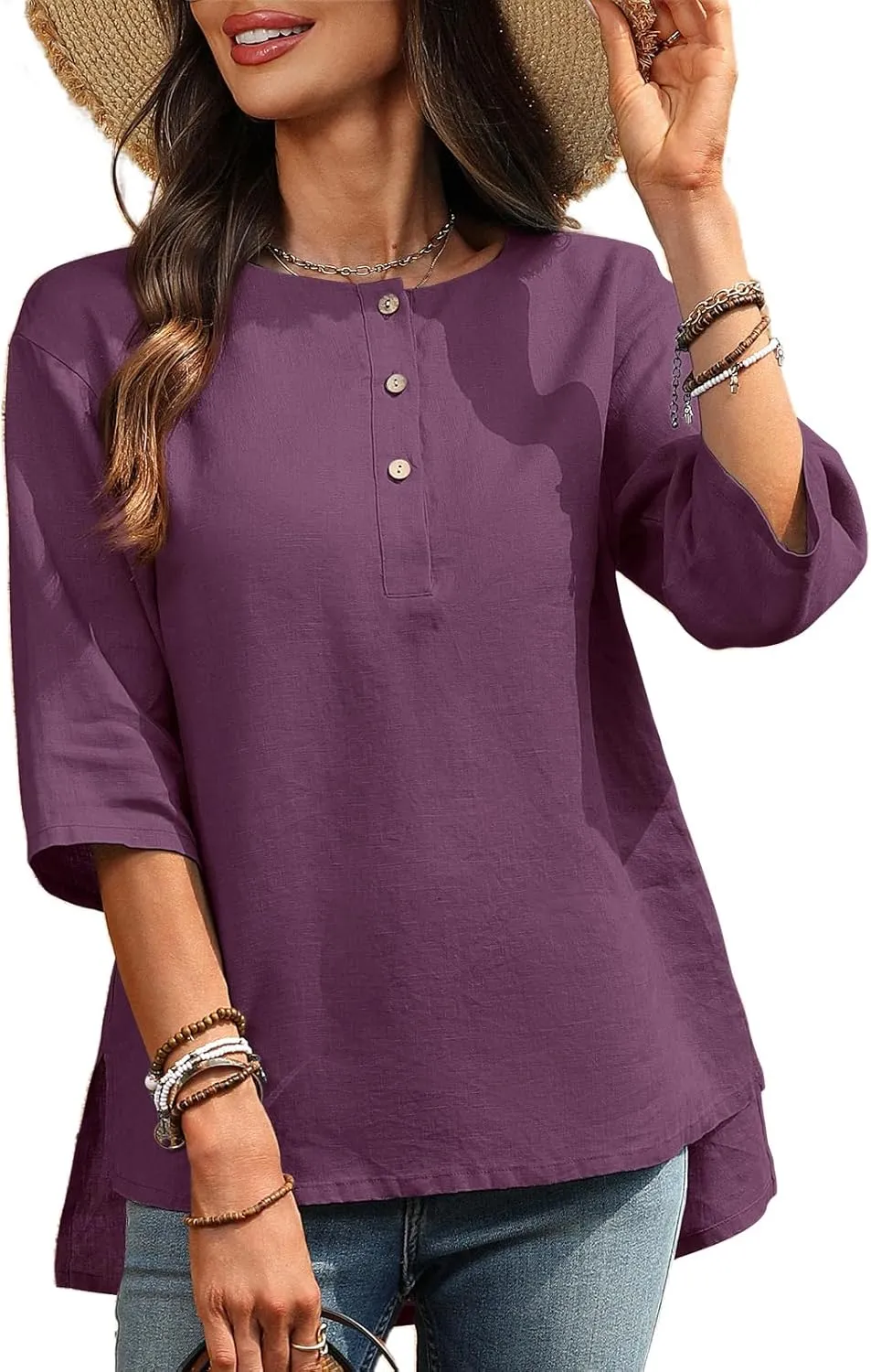Women's Linen Henley Shirts 100% Linen Elbow Sleeve Crew Neck Slit Hem Tunics Blouse Top