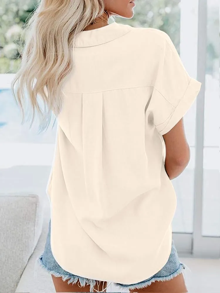 Womens Short Sleeve Casual Button Down Shirts Summer Soft Fashion Cotton Blouses Tops with Pocket