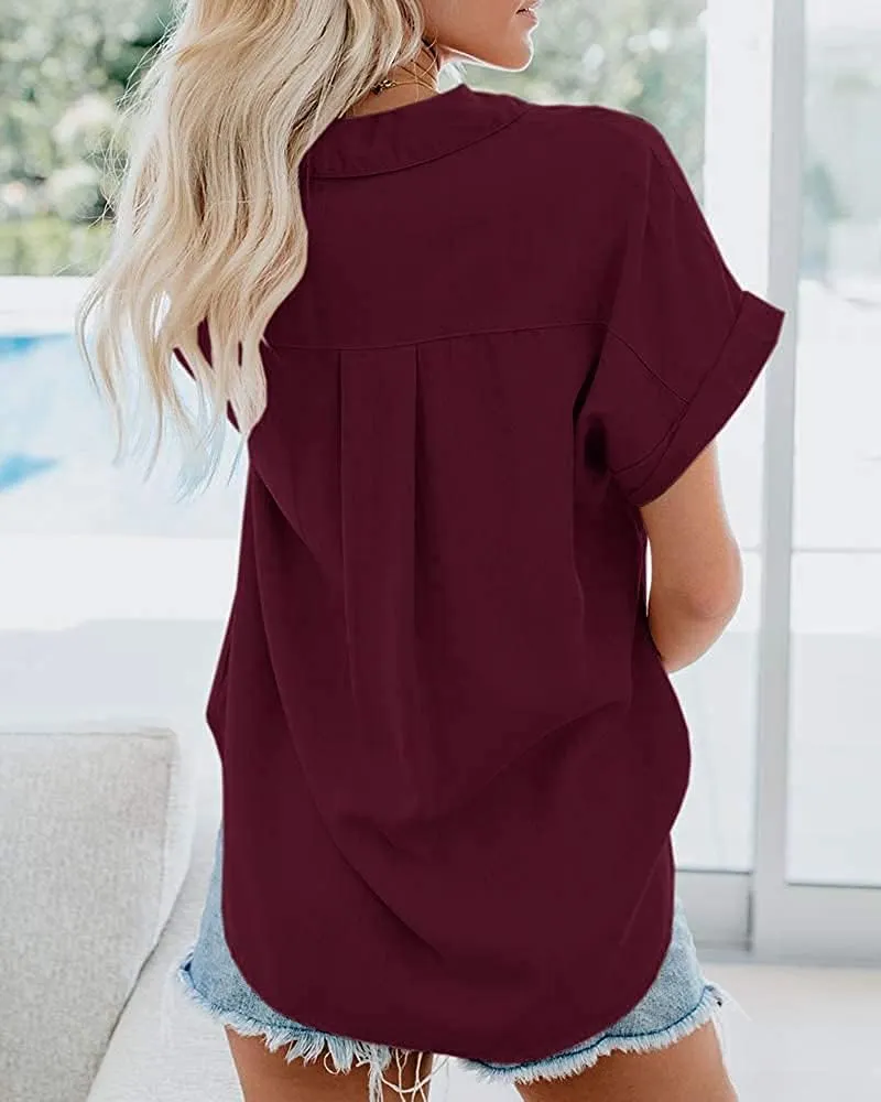 Womens Short Sleeve Casual Button Down Shirts Summer Soft Fashion Cotton Blouses Tops with Pocket