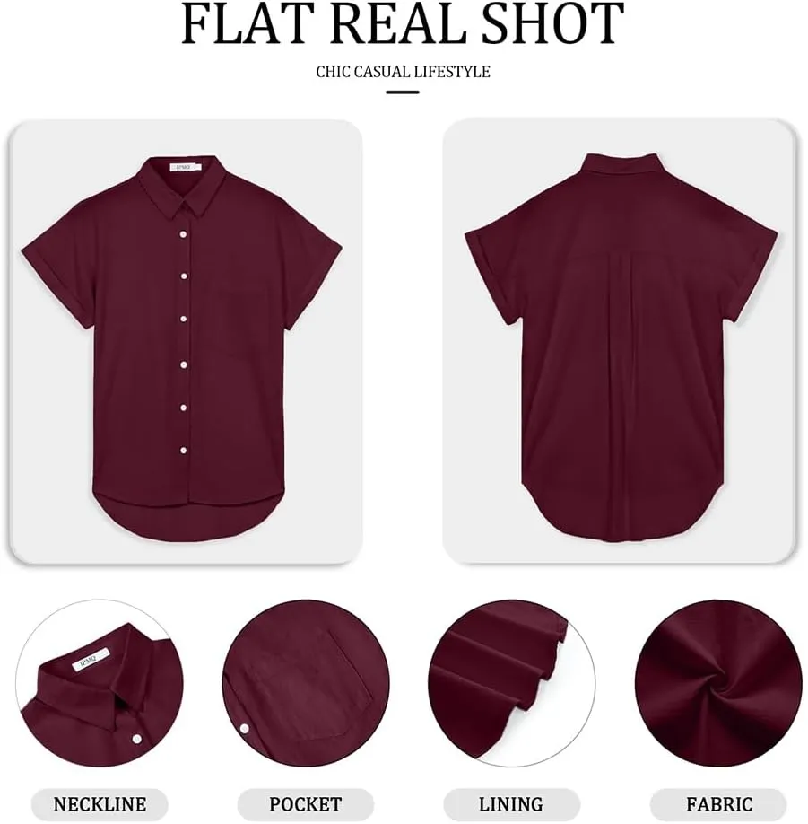Womens Short Sleeve Casual Button Down Shirts Summer Soft Fashion Cotton Blouses Tops with Pocket