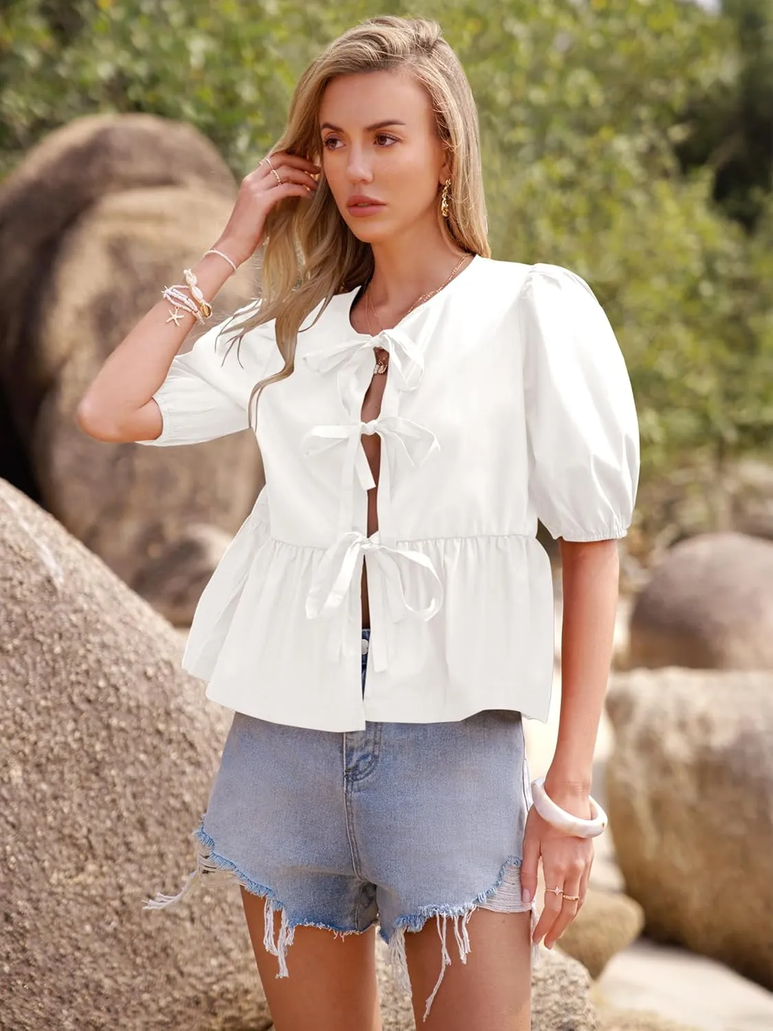 Women's Tie Front Peplum Blouses Puff Short Sleeve Crewneck Shirt Cute Y2K Coquette Babydoll Going Out Tops