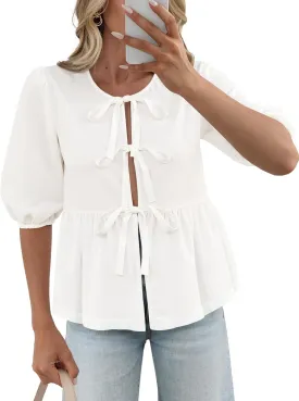 Women's Tie Front Peplum Blouses Puff Short Sleeve Crewneck Shirt Cute Y2K Coquette Babydoll Going Out Tops