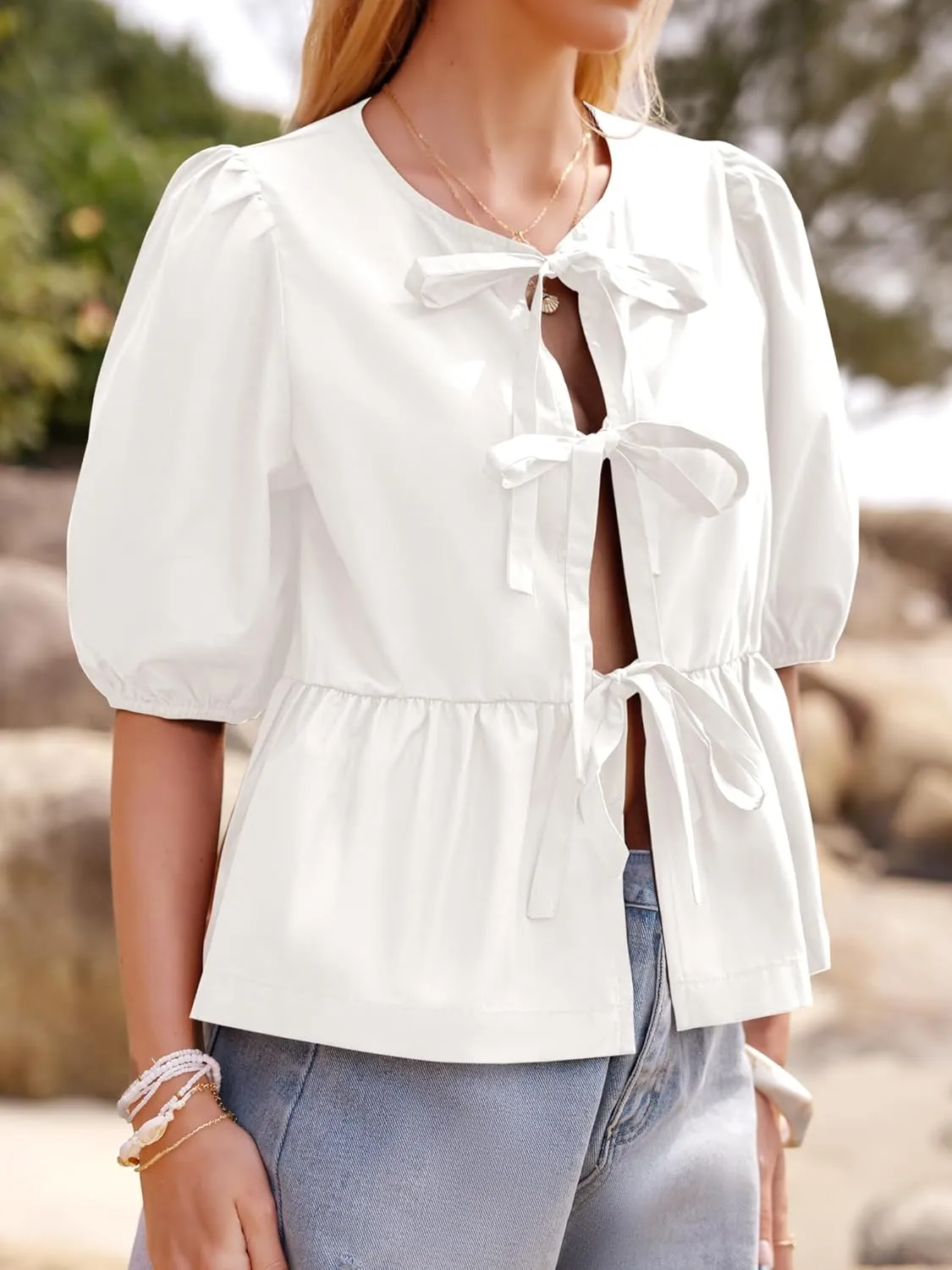 Women's Tie Front Peplum Blouses Puff Short Sleeve Crewneck Shirt Cute Y2K Coquette Babydoll Going Out Tops