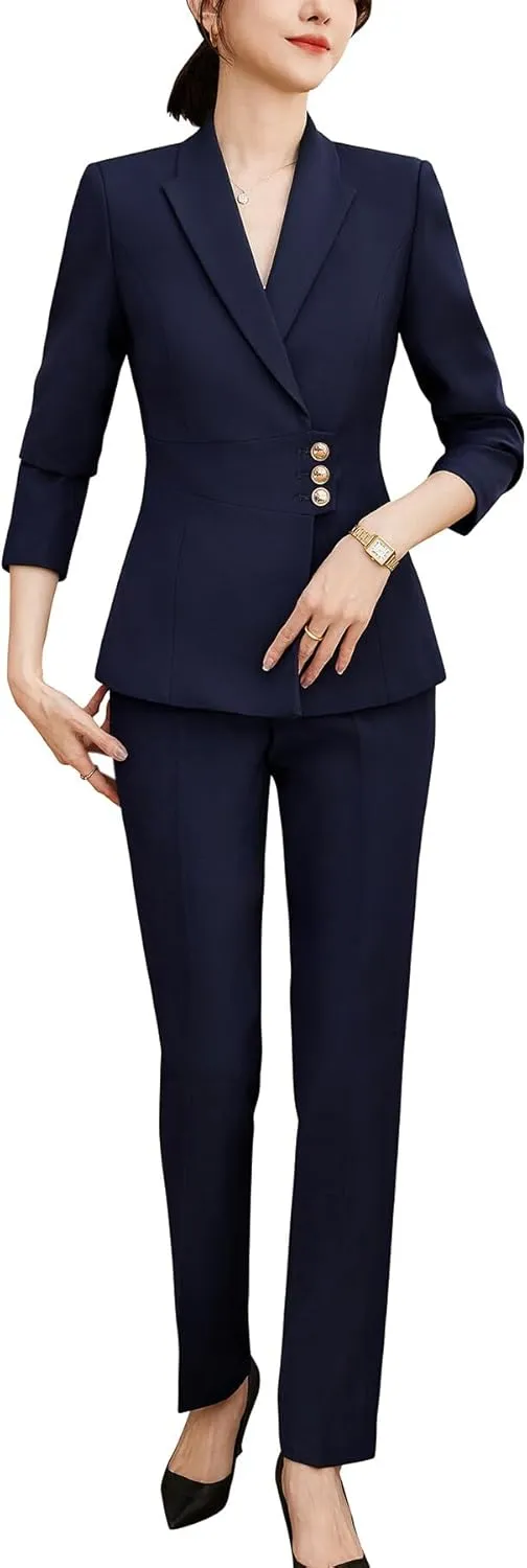 YYNUDA Women's Business Suit Set Lady 2 Piece Blazer and Jacket Two Button Solid Slim Fit for Office Work Pantsuit