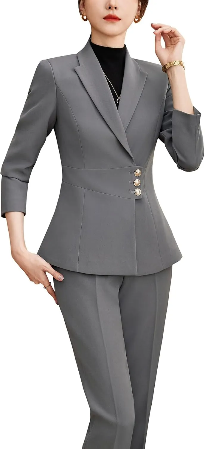 YYNUDA Women's Business Suit Set Lady 2 Piece Blazer and Jacket Two Button Solid Slim Fit for Office Work Pantsuit