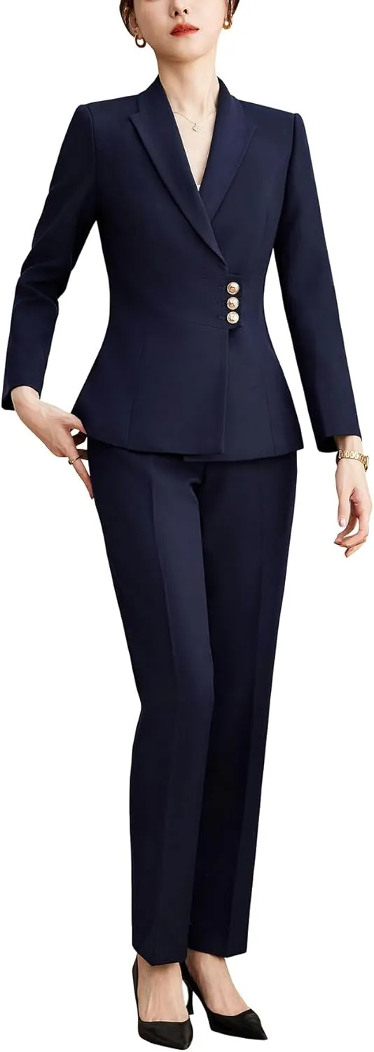 YYNUDA Women's Business Suit Set Lady 2 Piece Blazer and Jacket Two Button Solid Slim Fit for Office Work Pantsuit
