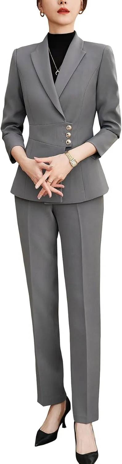 YYNUDA Women's Business Suit Set Lady 2 Piece Blazer and Jacket Two Button Solid Slim Fit for Office Work Pantsuit