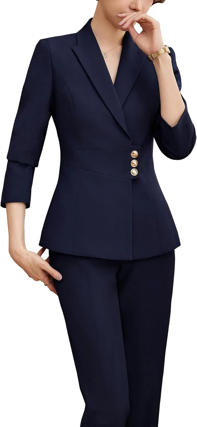 YYNUDA Women's Business Suit Set Lady 2 Piece Blazer and Jacket Two Button Solid Slim Fit for Office Work Pantsuit