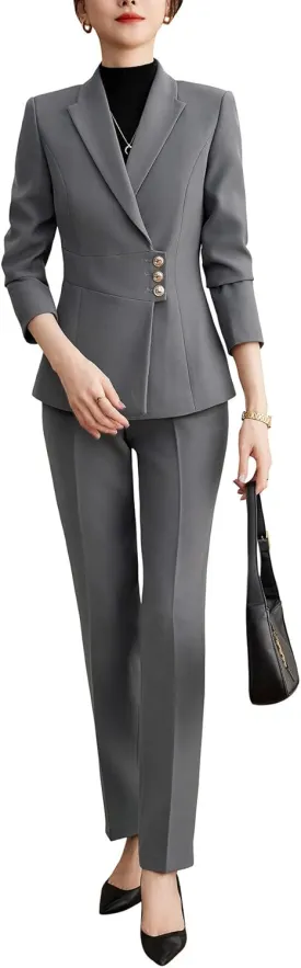 YYNUDA Women's Business Suit Set Lady 2 Piece Blazer and Jacket Two Button Solid Slim Fit for Office Work Pantsuit