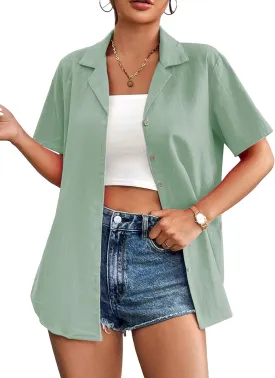 Zeagoo Women Cotton Shirt Button Down Short Sleeve Linen V Neck Blouse Casual Work Tunic