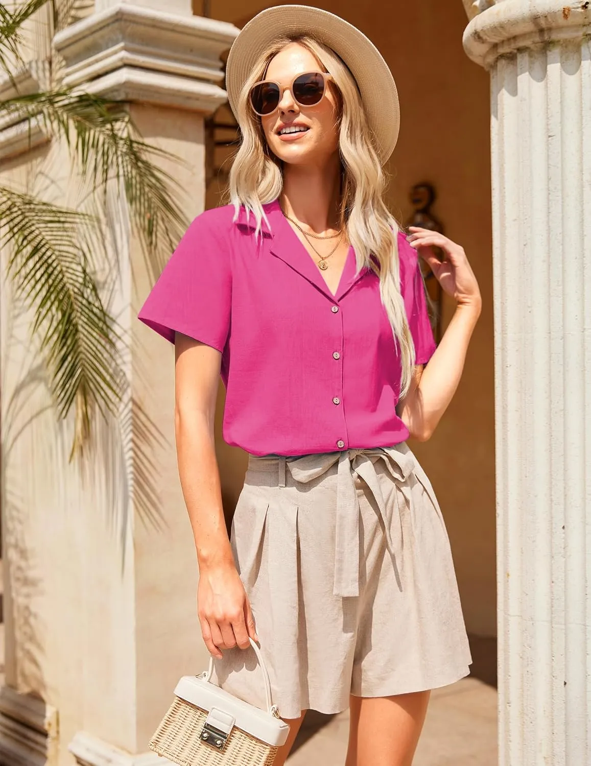 Zeagoo Women Cotton Shirt Button Down Short Sleeve Linen V Neck Blouse Casual Work Tunic