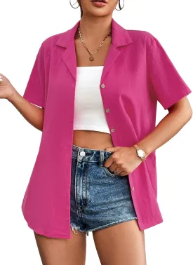 Zeagoo Women Cotton Shirt Button Down Short Sleeve Linen V Neck Blouse Casual Work Tunic