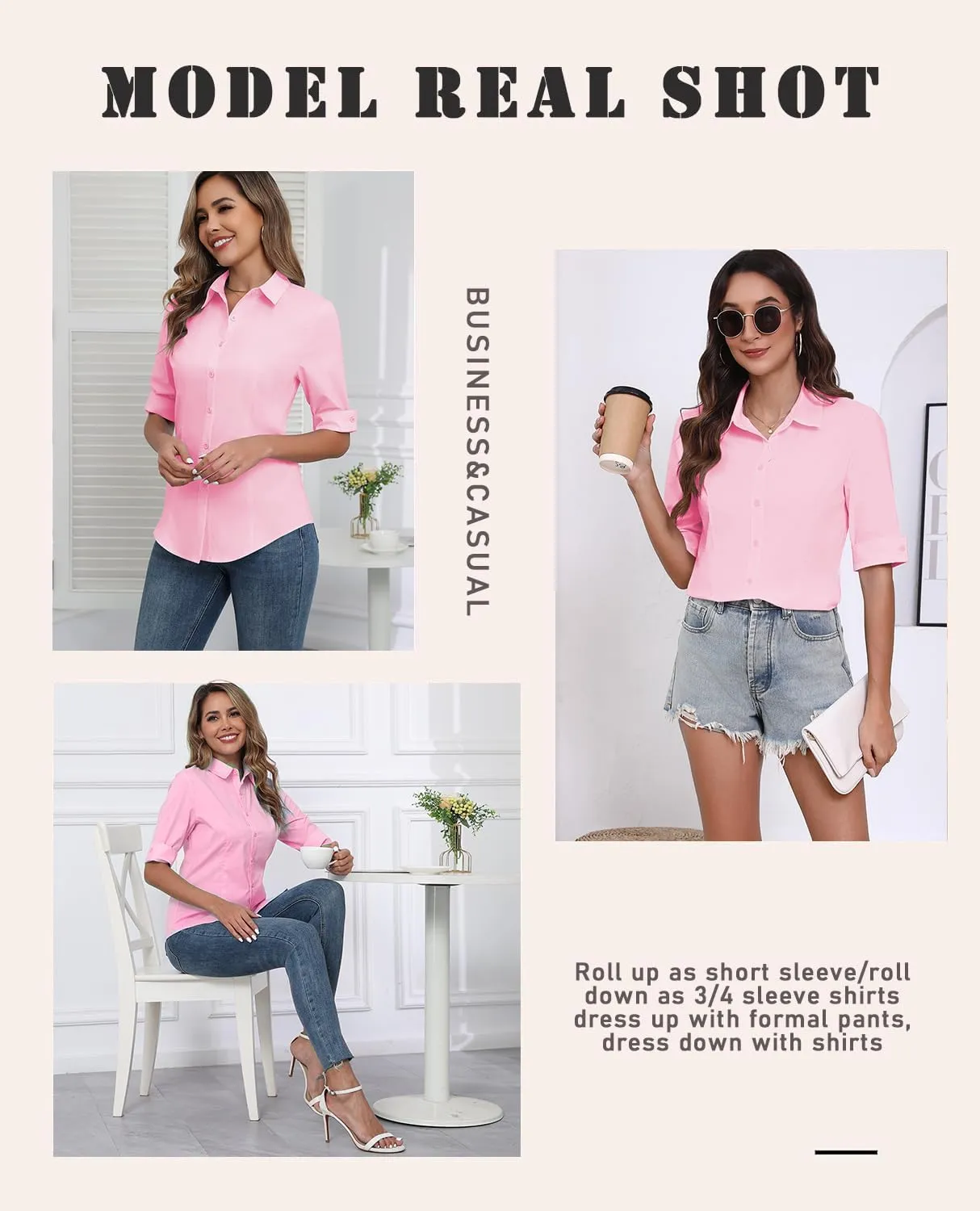 Zeagoo Womens Button Down Shirts 3/4 Sleeve Dress Blouses Business Casual Collared Oxford Tops