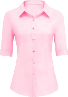 Zeagoo Womens Button Down Shirts 3/4 Sleeve Dress Blouses Business Casual Collared Oxford Tops