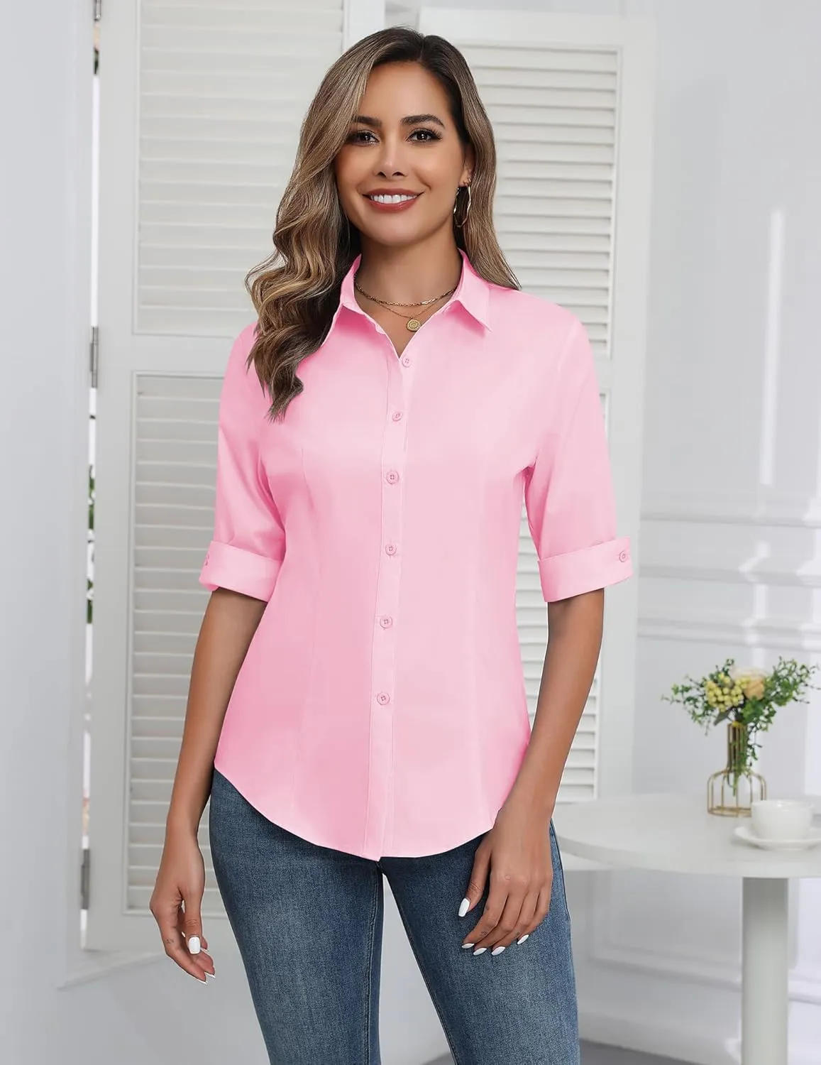 Zeagoo Womens Button Down Shirts 3/4 Sleeve Dress Blouses Business Casual Collared Oxford Tops