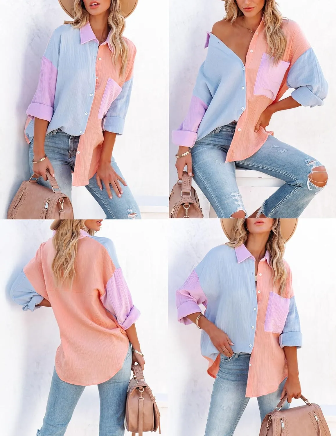 Zeagoo Womens Color Block Button Down Shirts Long Sleeve Linen Shirt Oversized Cotton Blouses Tops with Bust Pocket